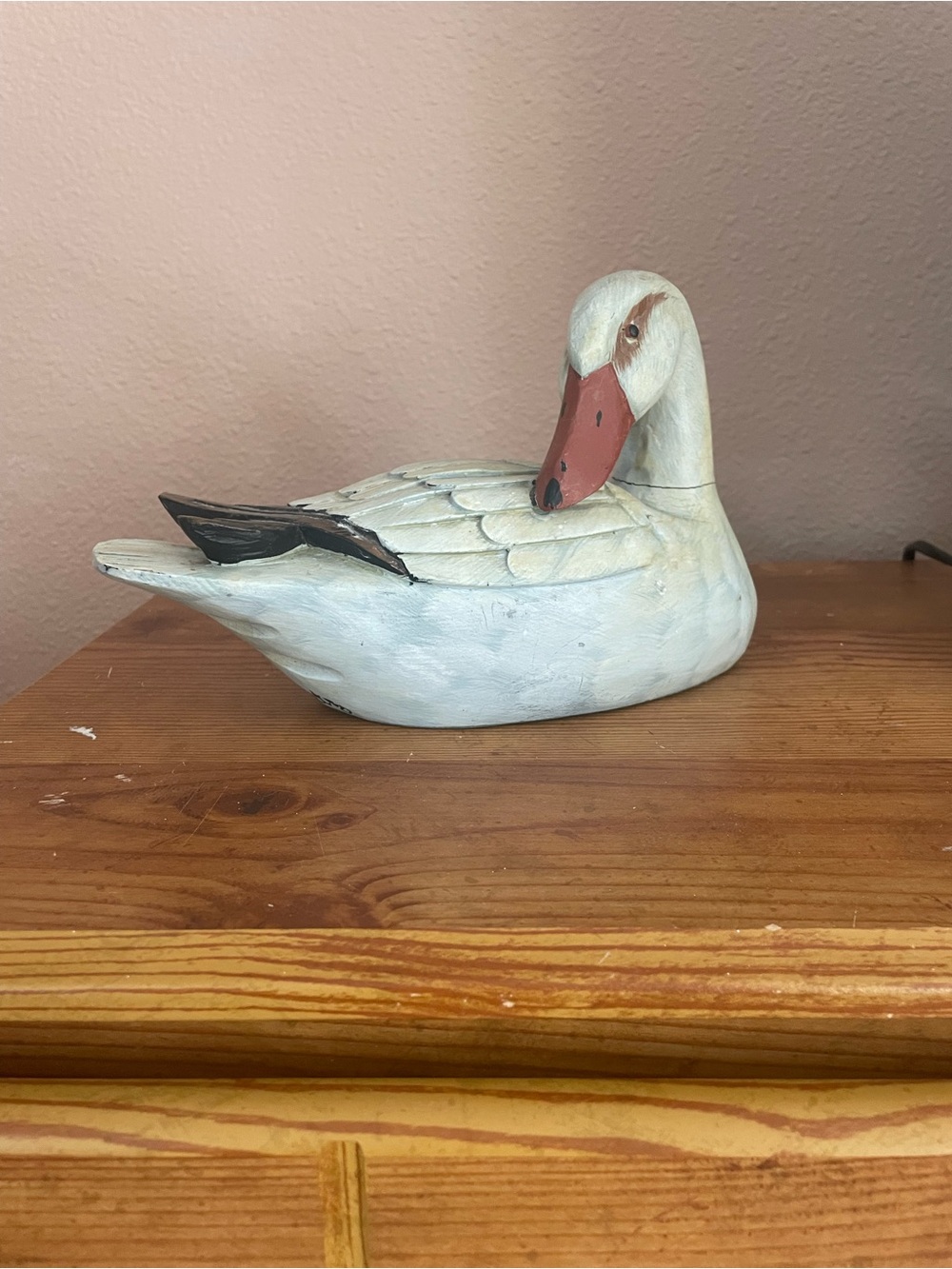 Hand-Painted White Duck Décor Figure Wood Rose Red Beak Repaired neck